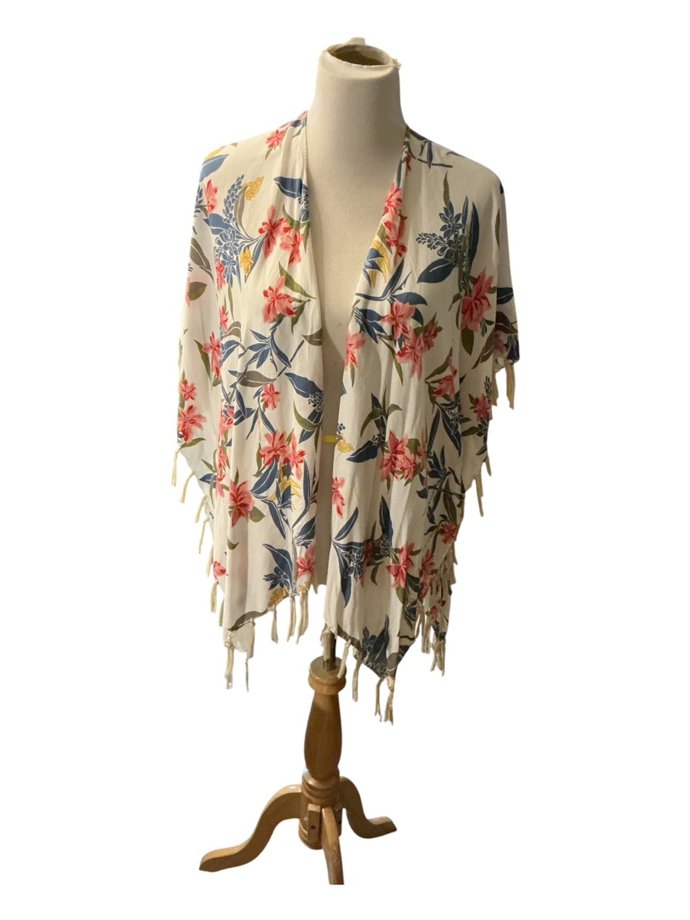 Floral Fringe Kimono Cardigan - Cream with Pink & Blue Print